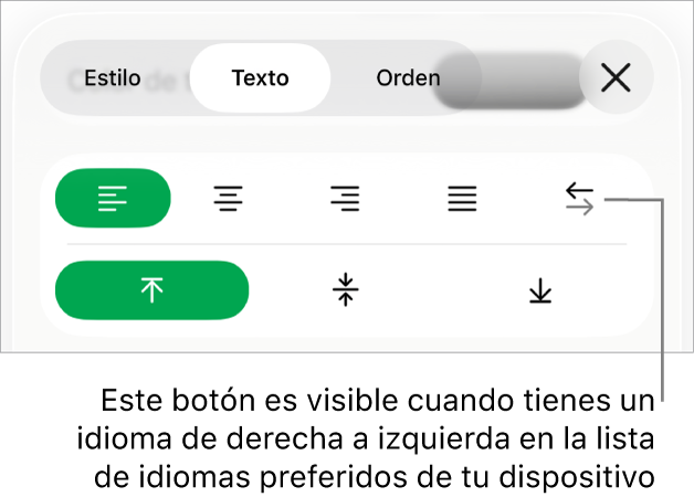 La sección Estilo del menú Formato con un mensaje en el botón De derecha a izquierda.
