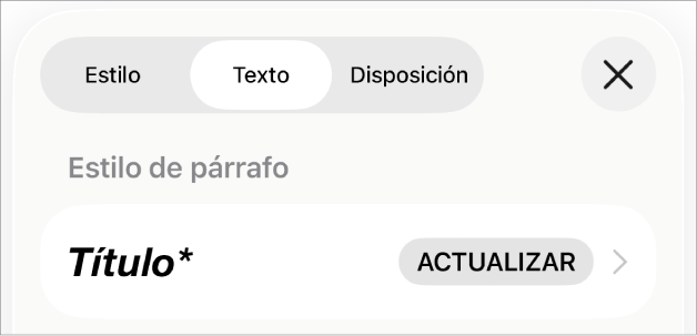 Un estilo de párrafo con un asterisco junto a él y un botón Actualizar a la derecha.