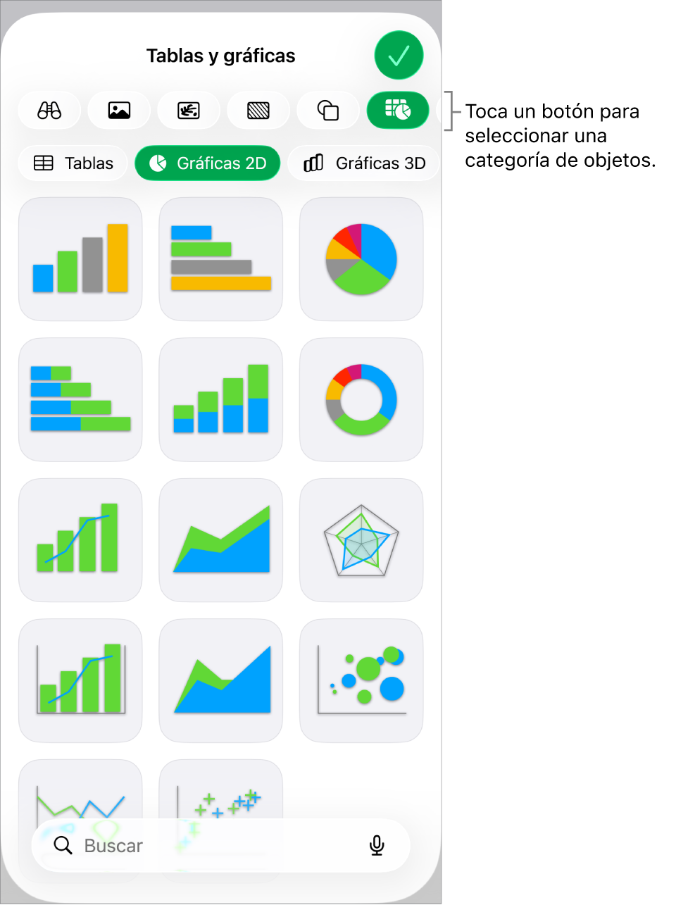 Los controles para añadir un objeto, con botones en la parte superior para seleccionar tablas, gráficas, figuras (líneas y cuadros de texto incluidos) y contenidos.