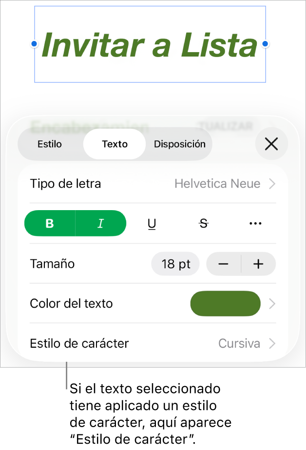 Los controles de formato de texto con “Estilos de carácter” debajo de los controles de color. El estilo de carácter Ninguno aparece con un asterisco.