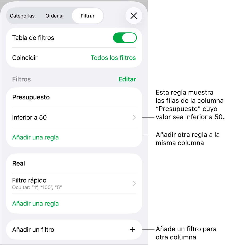 Controles para añadir reglas de filtro nuevas o editar las existentes.