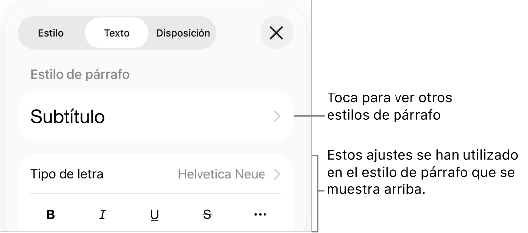 El menú Formato, que muestra controles de texto para configurar los estilos de párrafo y carácter, tipo de letra, tamaño y color.