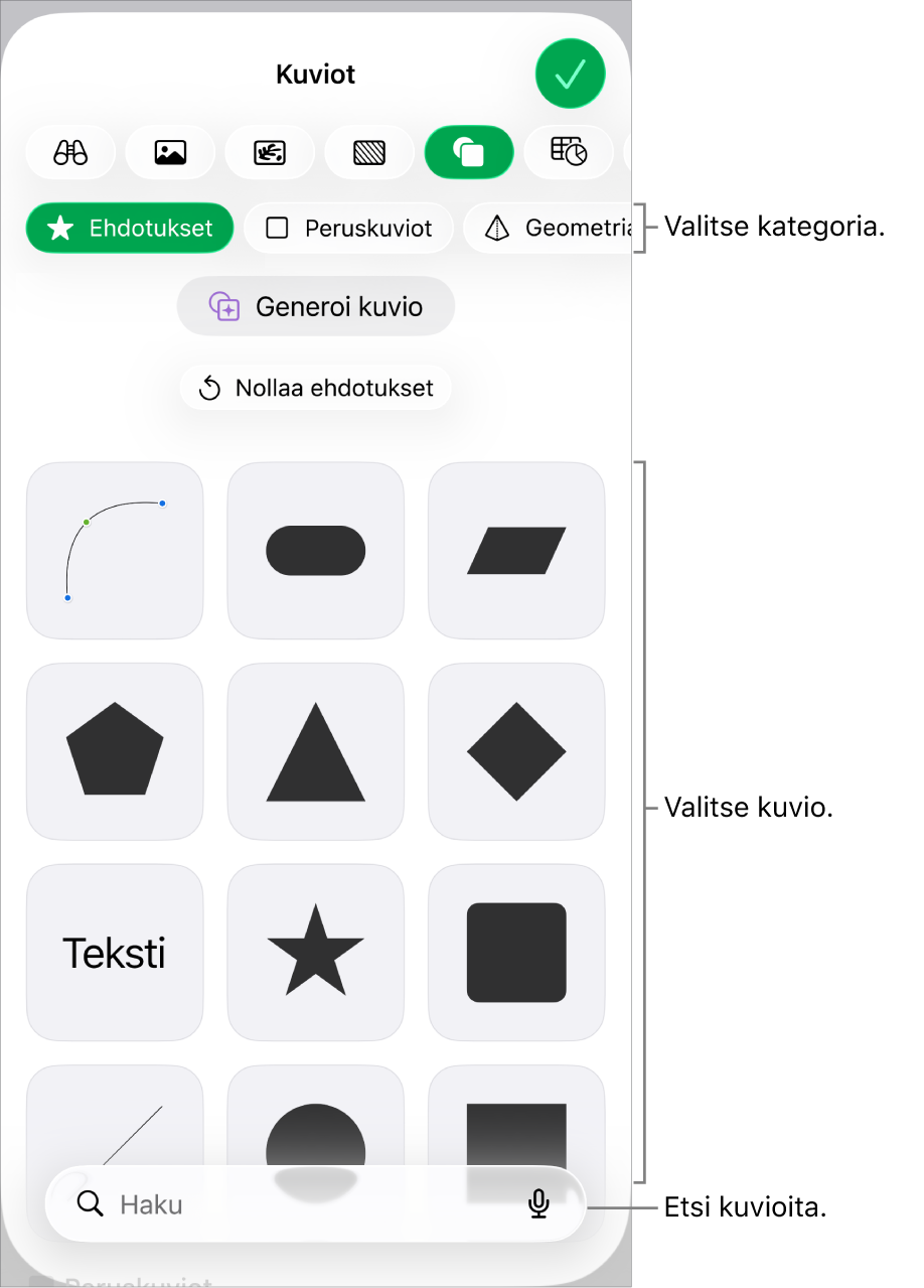 Kuviokirjasto, jossa näkyy yläreunassa kategorioita ja alla kuvioita. Voit etsiä kuvioita yläreunassa olevan hakukentän avulla ja näyttää niitä lisää pyyhkäisemällä.