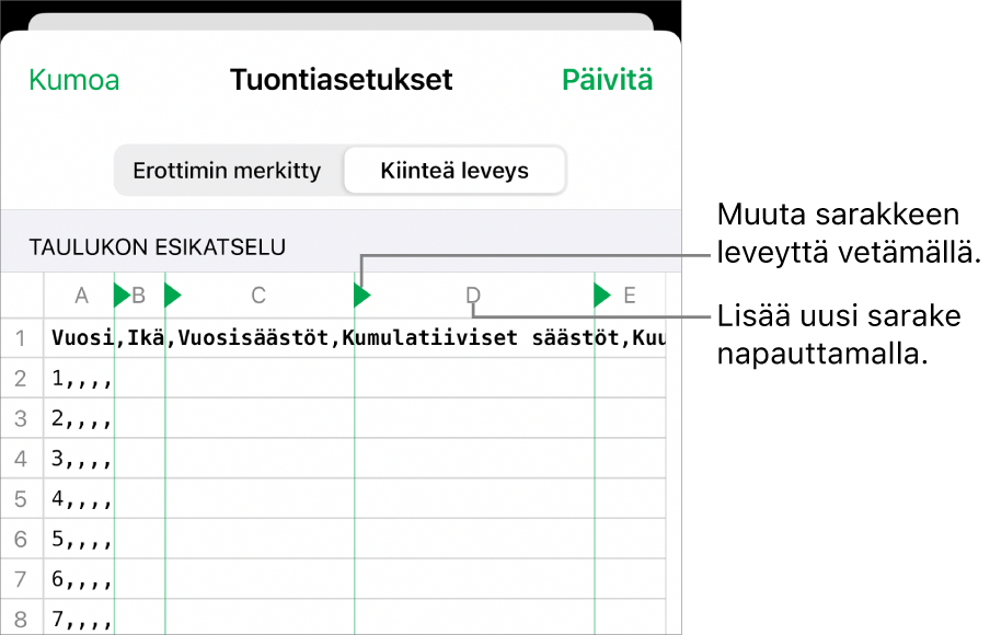 Kiinteän leveyden tekstitiedoston tuontiasetukset.