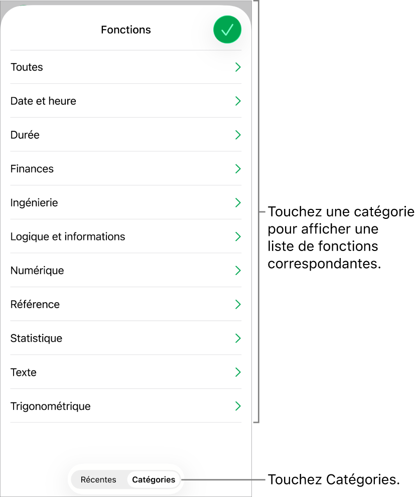 Navigateur des fonctions avec le bouton Catégories sélectionné et la liste des catégories en dessous.