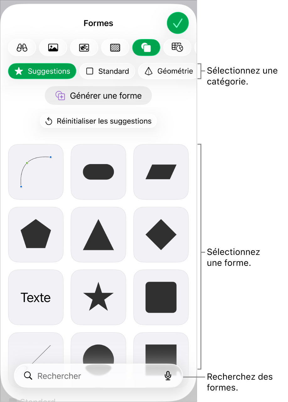 Bibliothèque de formes, les catégories étant affichées en haut et les formes, en bas. Vous pouvez utiliser le champ de recherche situé en haut pour rechercher des formes, et balayer l’écran pour en trouver d’autres.