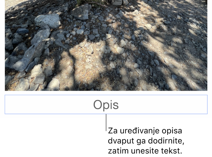 Opis držača mjesta, “Opis“ se javlja ispod fotografije; plavi obrub oko polja opisa ukazuje da je odabran.