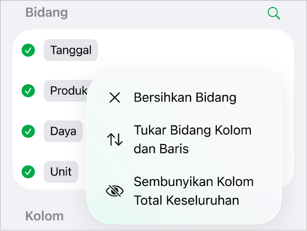 Menu Pilihan Bidang Lainnya, menampilkan kontrol untuk menyembunyikan total keseluruhan, menukar bidang kolom dan baris, dan membersihkan bidang.