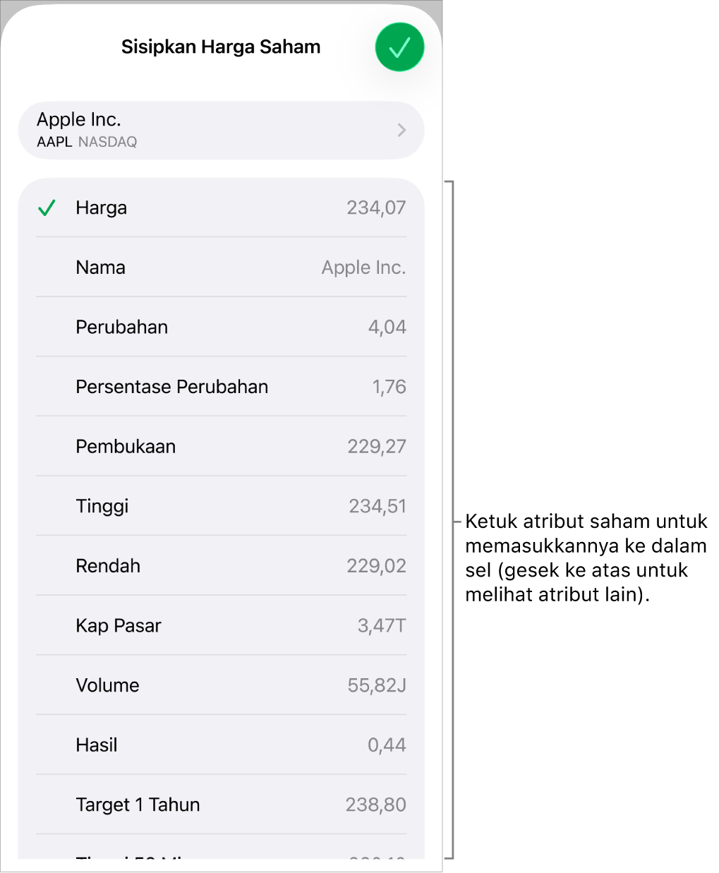 Popover harga saham, dengan nama saham di bagian atas, dan atribut saham yang dapat dipilih meliputi harga, nama, perubahan, persentase perubahan, dan pembukaan dicantumkan di bawah.