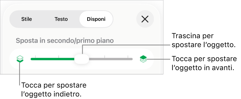 Pulsante sposta indietro, pulsante sposta avanti e cursore livelli.