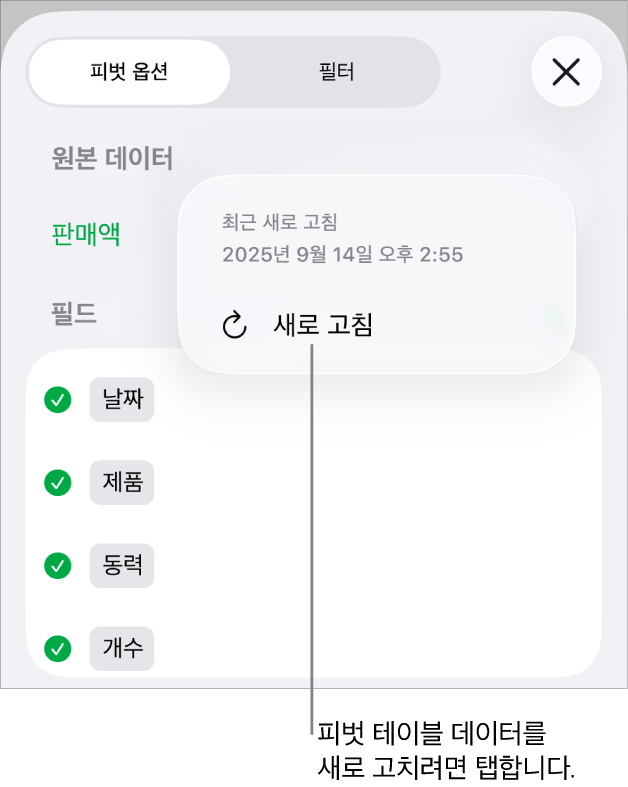 피벗 테이블을 새로고침할 수 있는 옵션을 표시하는 피벗 옵션 메뉴.