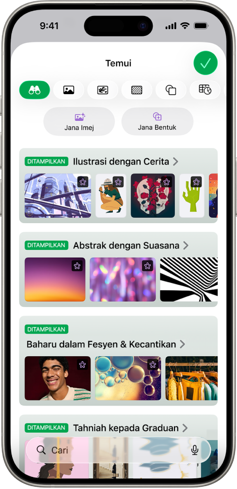 Kategori Teroka daripada Hab Kandungan menunjukkan pilihan untuk menjana imej atau menambah imej premium ke hamparan.