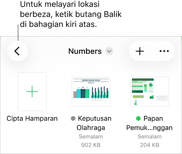 Paparan layari di pengurus dokumen dengan pautan lokasi di penjuru kiri atas dan di bawahnya ialah medan Carian. Di penjuru kanan atas ialah butang Tambah Hamparan dan butang Lagi. Di bahagian bawah skrin ialah butang Terbaru dan butang Layari.