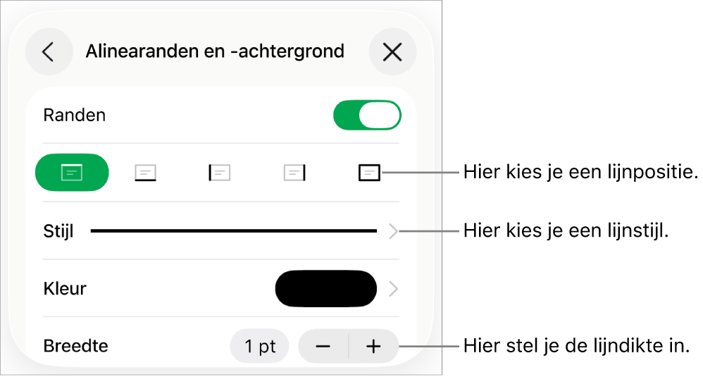 Regelaars voor het wijzigen van de stijl, dikte, positie en kleur van de lijn.