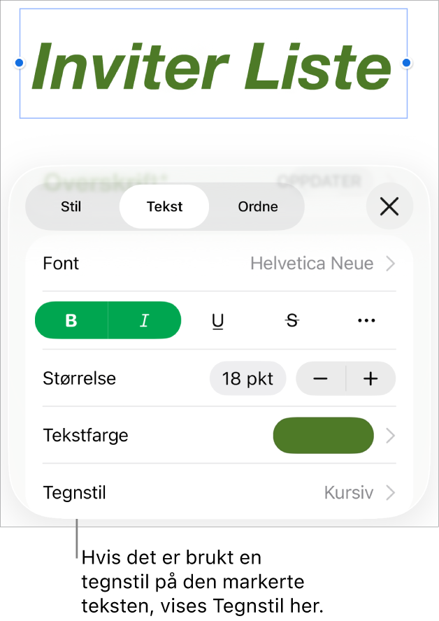 Tekstformateringskontrollene med Tegnstil under Farge-kontrollene. Tegnstilen Ingen vises med en stjerne.