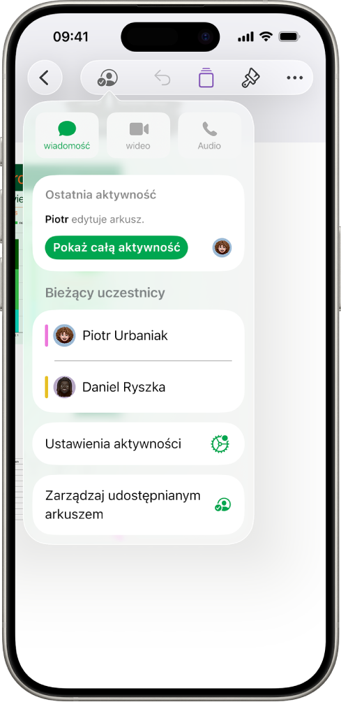 Menu współpracy zawierające nazwiska osób wspólnie pracujących nad arkuszem kalkulacyjnym.