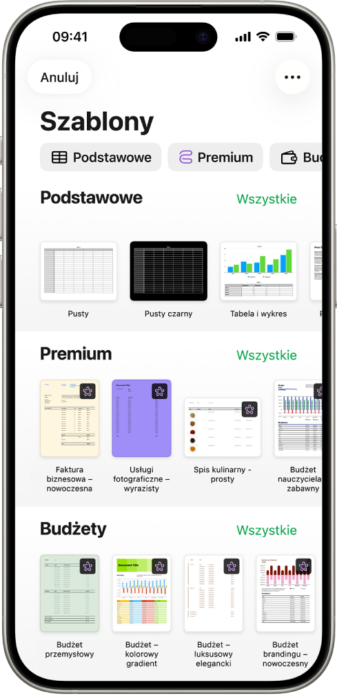 Paleta szablonów z widocznym na górze wierszem kategorii, w które możesz stuknąć, aby filtrować dostępne szablony. Poniżej widoczne są miniaturki gotowych szablonów uporządkowane wierszami według kategorii, zaczynając od widocznej na górze kategorii Ostatnie, po której następuje kategoria Podstawowe oraz kategoria Finanse osobiste. Po prawej stronie nad każdym wierszem kategorii widoczny jest przycisk Zobacz wszystkie. W prawym górnym rogu widoczny jest przycisk Język i region.