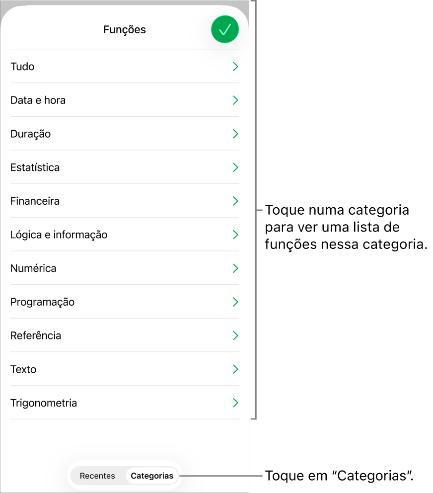 O navegador de funções com o botão "Categorias” selecionado e a lista de categorias por baixo.