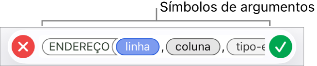 O editor de fórmulas a mostrar uma função com símbolos de argumentos.