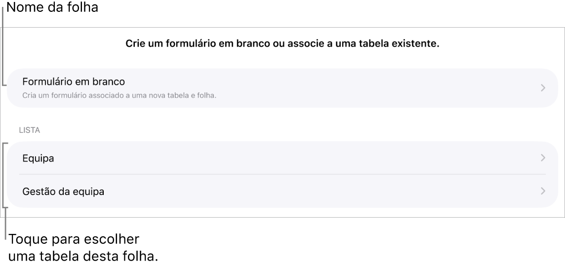 Uma lista de tabelas que estão na mesma folha de cálculo com a opção para criar um formulário em branco na parte superior.