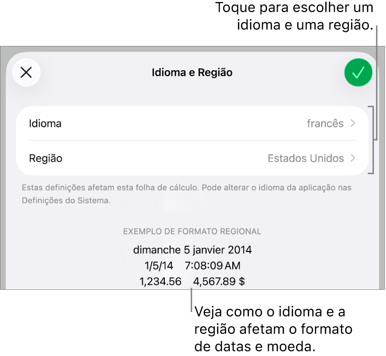 O painel “Idioma e região” com controlos de idioma e região e um exemplo da formatação, incluindo data, hora, decimal e moeda.