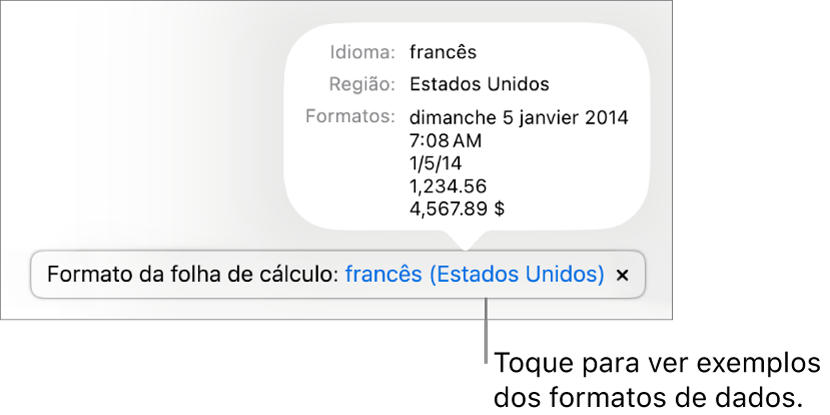 A notificação da definição diferente do idioma e região, apresentando exemplos da formatação nesse idioma e região.