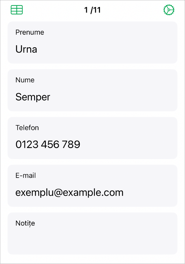 O înregistrare dintr-un formular având câmpuri pentru nume, număr de telefon, adresă de e-mail și altele. De asemenea, sunt afișate comenzi pentru vizualizarea tabelului asociat și pentru configurarea formularului.