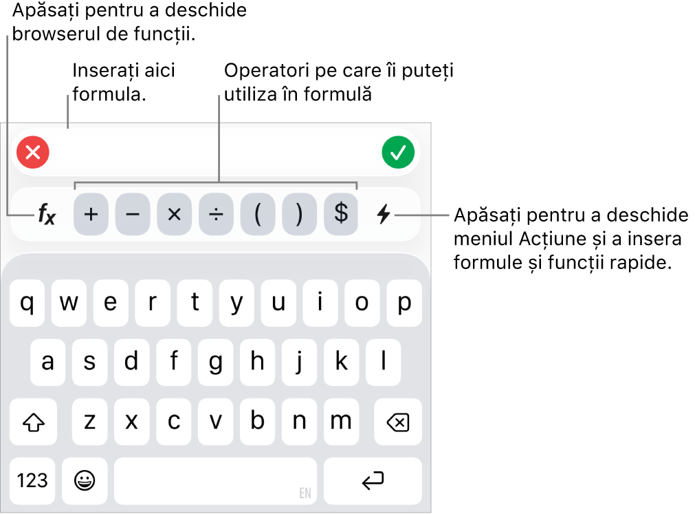 Tastatura pentru formule, cu editorul de formule în partea de sus și operatorii utilizați în formule sub acesta. Butonul Funcții pentru deschiderea browserului de funcții se află în stânga operatorilor, iar butonul pentru meniul Acțiune se află în dreapta.