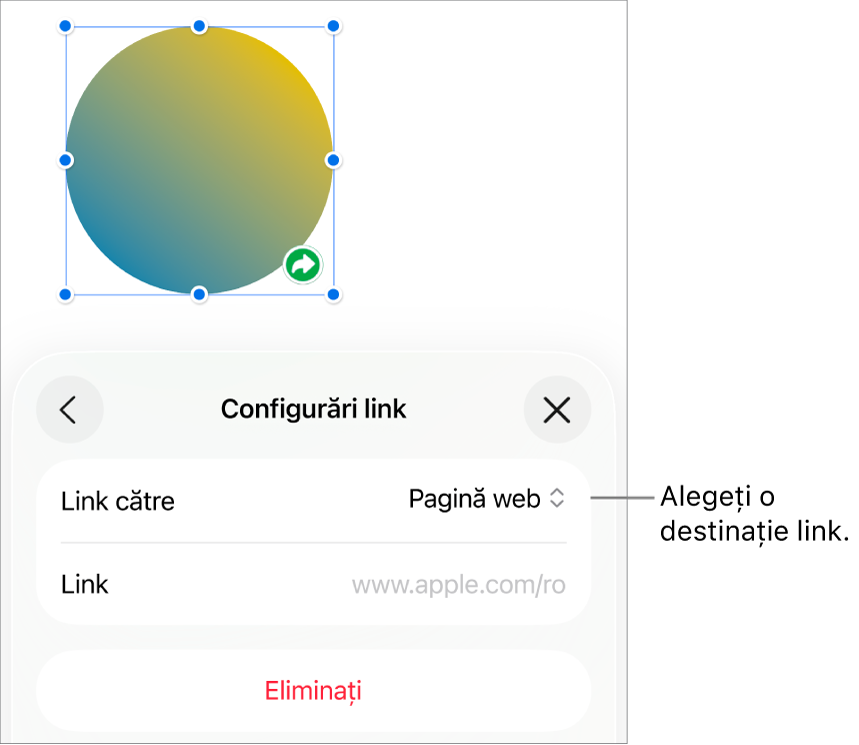 Comenzile Configurări link cu opțiunea Pagină web selectată și butonul Eliminați în partea de jos.