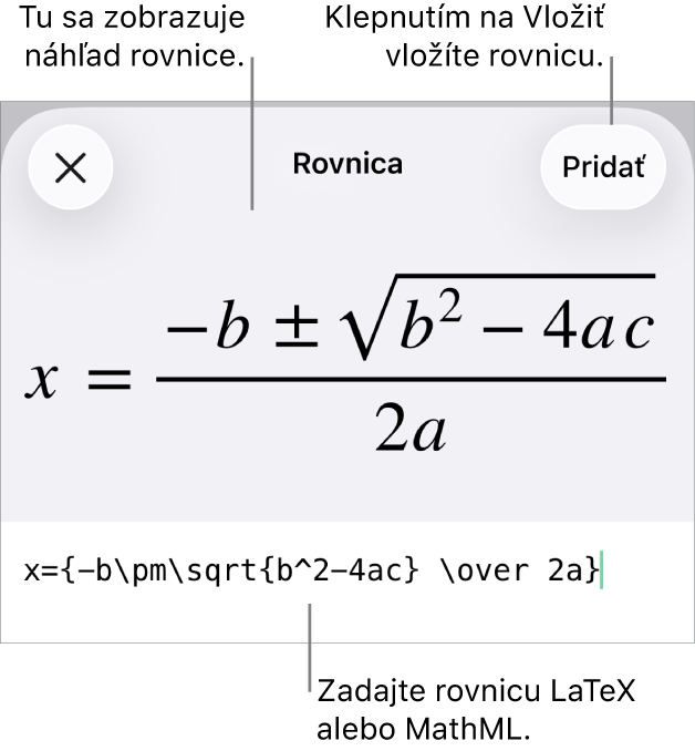 Dialógové okno Rovnica zobrazujúce rovnicu napísanú pomocou príkazov MathML, vyššie sa nachádza náhľad vzorca.