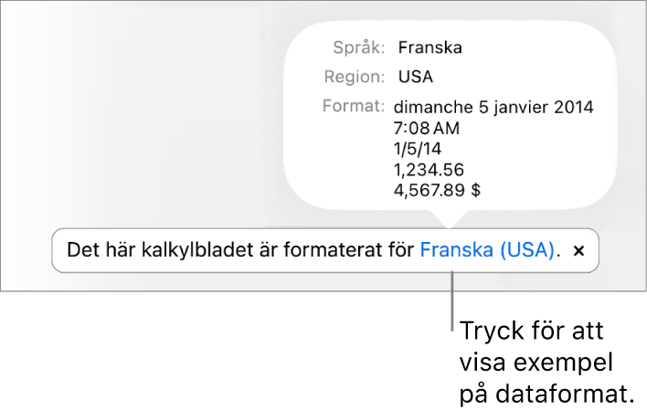 Meddelandet om olika språk- och regioninställningar samt exempel på formatering för det andra språket och den andra regionen.