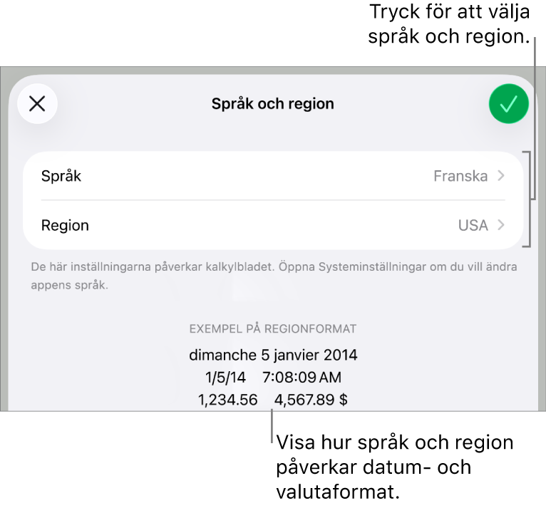 Panelen Språk och region med reglage för språk och region samt ett formatexempel med datum, tid, decimal och valuta.