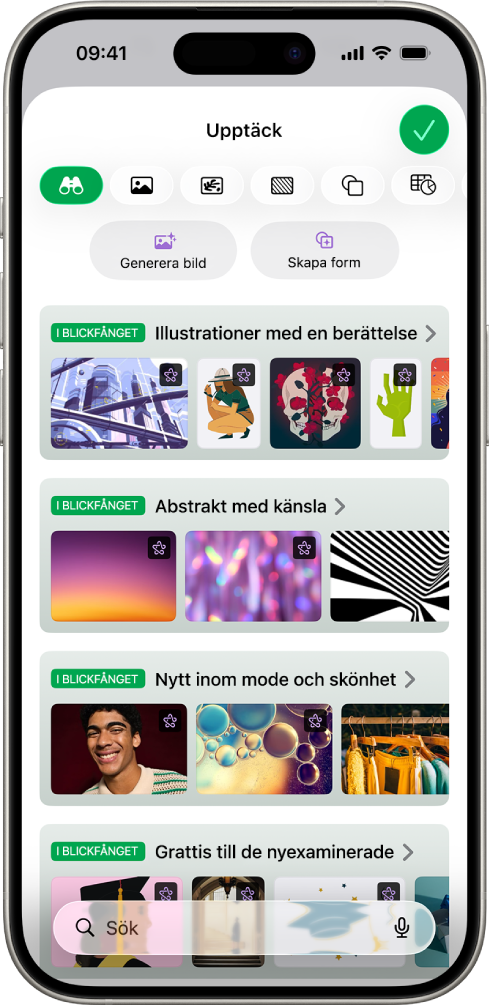 Kategorin Upptäck i innehållshubben visar alternativ för att skapa en bild eller lägga till premiumbilder i ett kalkylblad.