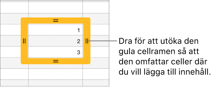 En markerad cell med en stor gul ram som du kan dra för att autofylla celler.