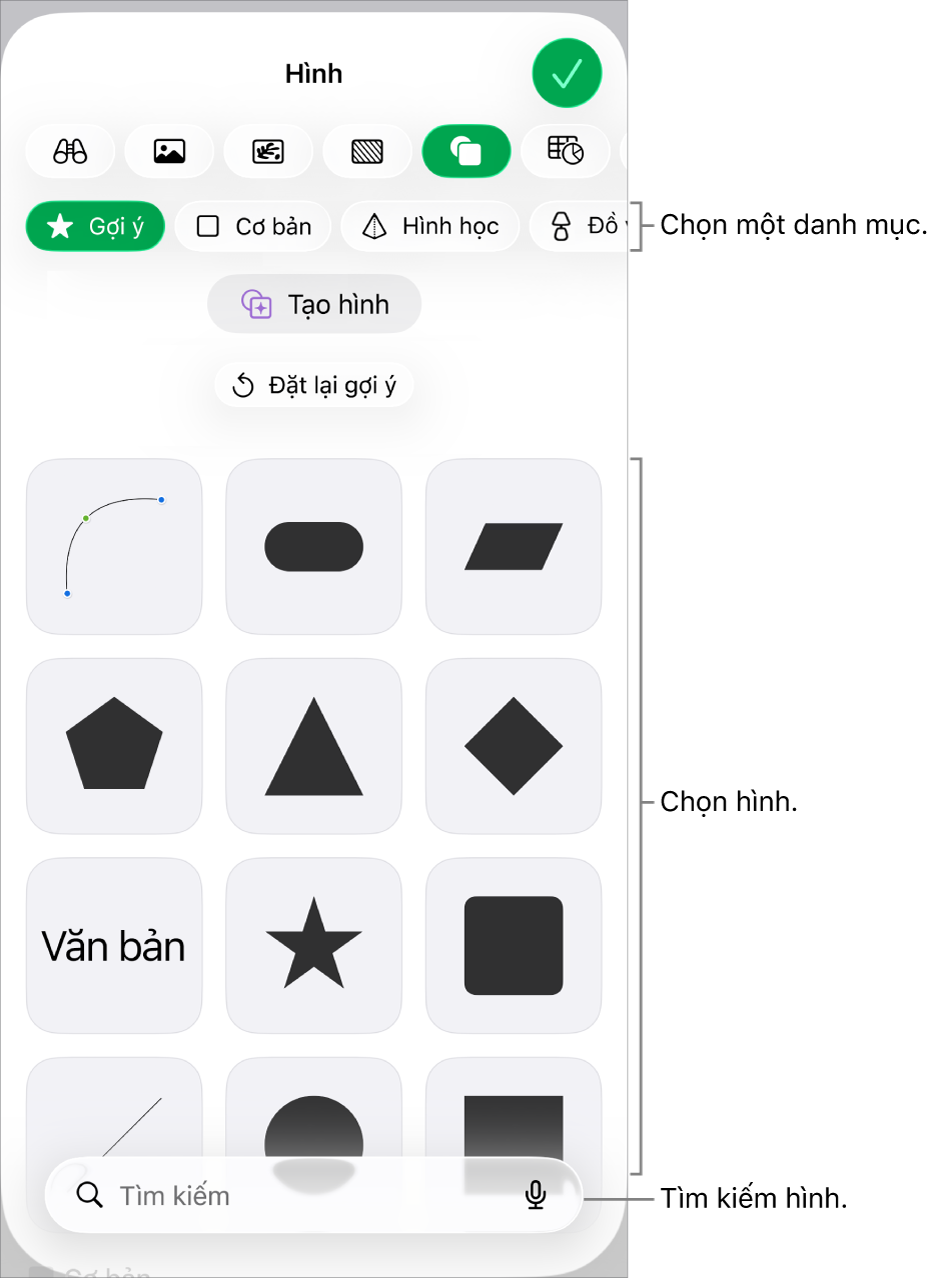 Thư viện hình, với các danh mục ở trên cùng và các hình được hiển thị ở bên dưới. Bạn có thể sử dụng trường tìm kiếm ở trên cùng để tìm các hình và vuốt để xem thêm.