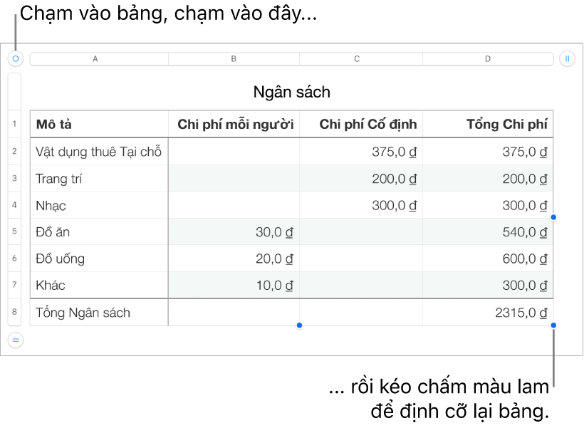 Một bảng được chọn có các dấu chấm màu lam để định cỡ lại.