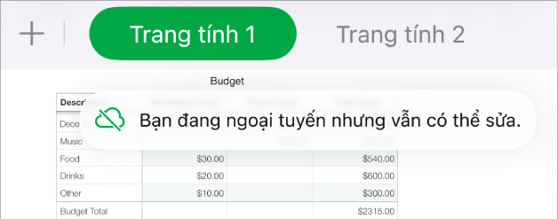 Các nút ở đầu màn hình, với nút Cộng tác được thay đổi thành đám mây với đường chéo xuyên qua. Cảnh báo trên màn hình cho biết “Bạn đang ngoại tuyến nhưng vẫn có thể sửa”.
