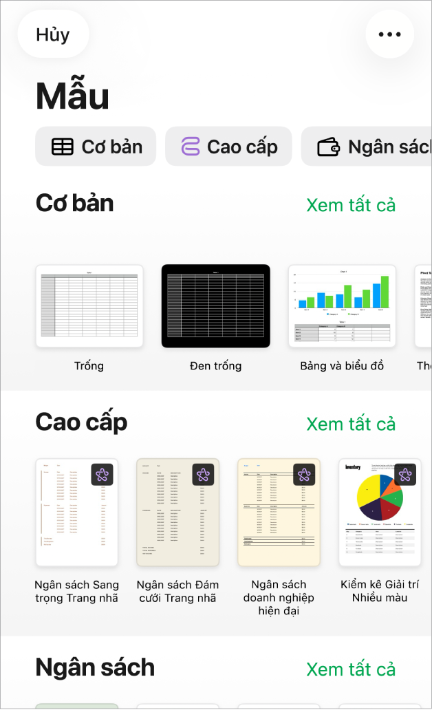 Bộ chọn mẫu, đang hiển thị một hàng các danh mục dọc trên cùng mà bạn có thể chạm để lọc các tùy chọn. Bên dưới là các hình thu nhỏ của các mẫu được thiết kế sẵn được sắp xếp trong các hàng theo danh mục.