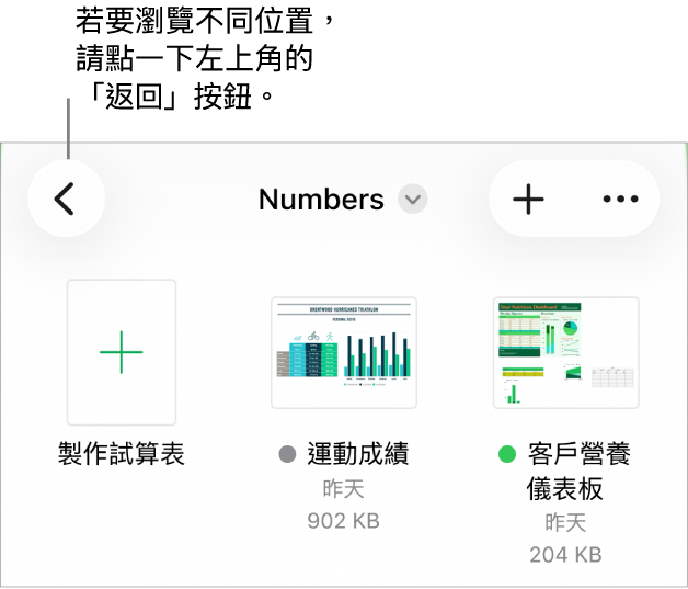 文件管理器的瀏覽顯示方式,左上角有一個位置連結,下面是「搜尋」欄位。右上角為「加入試算表」和「更多」按鈕。螢幕底部為「最近使用過的」按鈕和「瀏覽」按鈕。