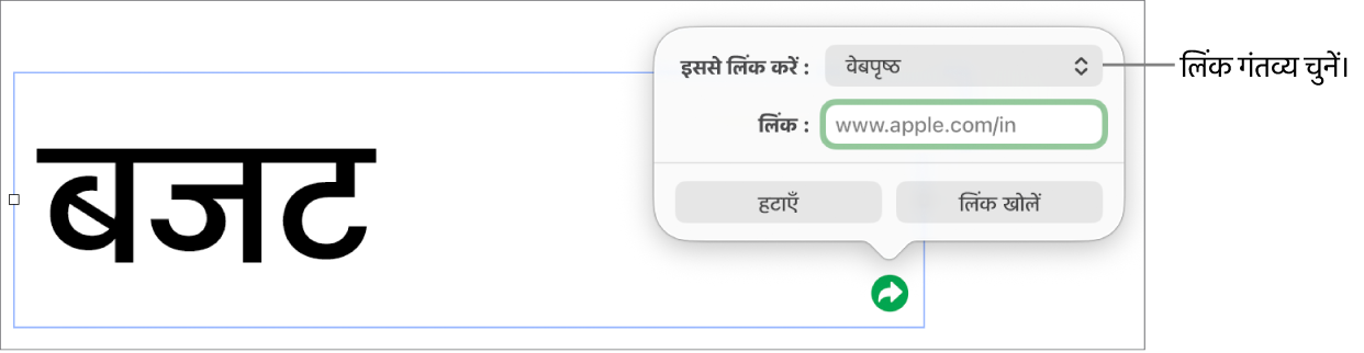 चुने गए वेबपृष्ठ के साथ लिंक संपादक नियंत्रण और सबसे नीचे “लिंक हटाएँ” और “लिंक खोलें” बटन।
