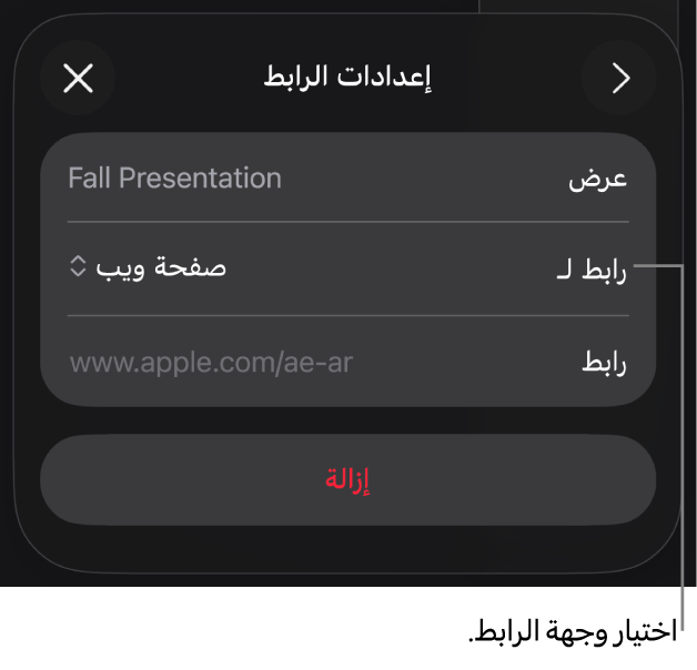 عناصر التحكم في إعدادات الرابط تعرض خيار صفحة الويب محددًا ويظهر زر إزالة في الأسفل.