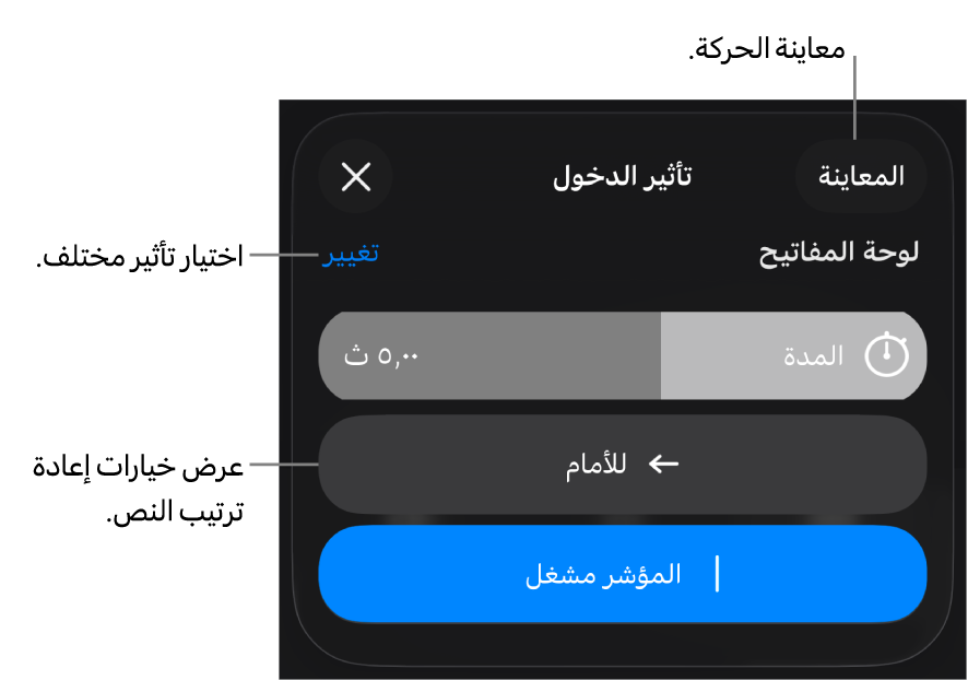 خيارات تأثير الدخول تتضمن المدة وحركة النص والتسليم. اضغط على تغيير لاختيار تأثير مختلف، أو اضغط على معاينة لمعاينة التأثير.
