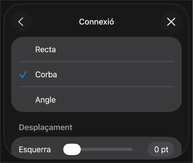 Els controls Connexió amb l’opció Corba seleccionada.