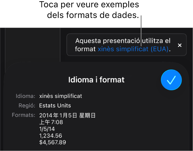 La notificació de la diferència de configuració d’idioma i regió, amb exemples del format d’aquell idioma i regió.