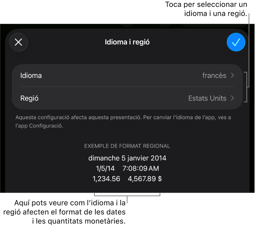 El tauler “Idioma i regió” en què es mostren els controls per a l’idioma i la regió i un exemple de format per a la data, l’hora, els decimals i la moneda.