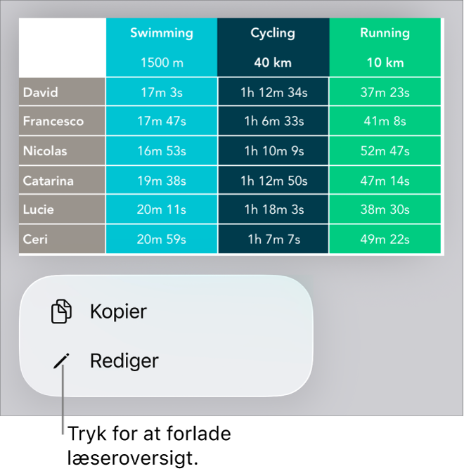 En tabel er valgt, og under den ses en menu med knapperne Kopier og Rediger.