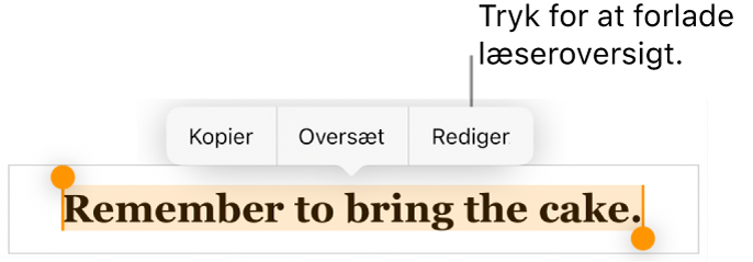 En sætning er valgt, og over den ses en kontekstmenu med knapperne Kopier og Rediger.