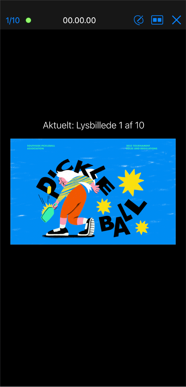 Appen Keynote med præsentationsoversigten. Det aktuelle lysbillede vises i midten af skærmen. Der vises en værktøjslinje øverst på skærmen med lysbilledtælleren til venstre, tiden i midten og knapperne Tegn, Layout og Slut til højre.