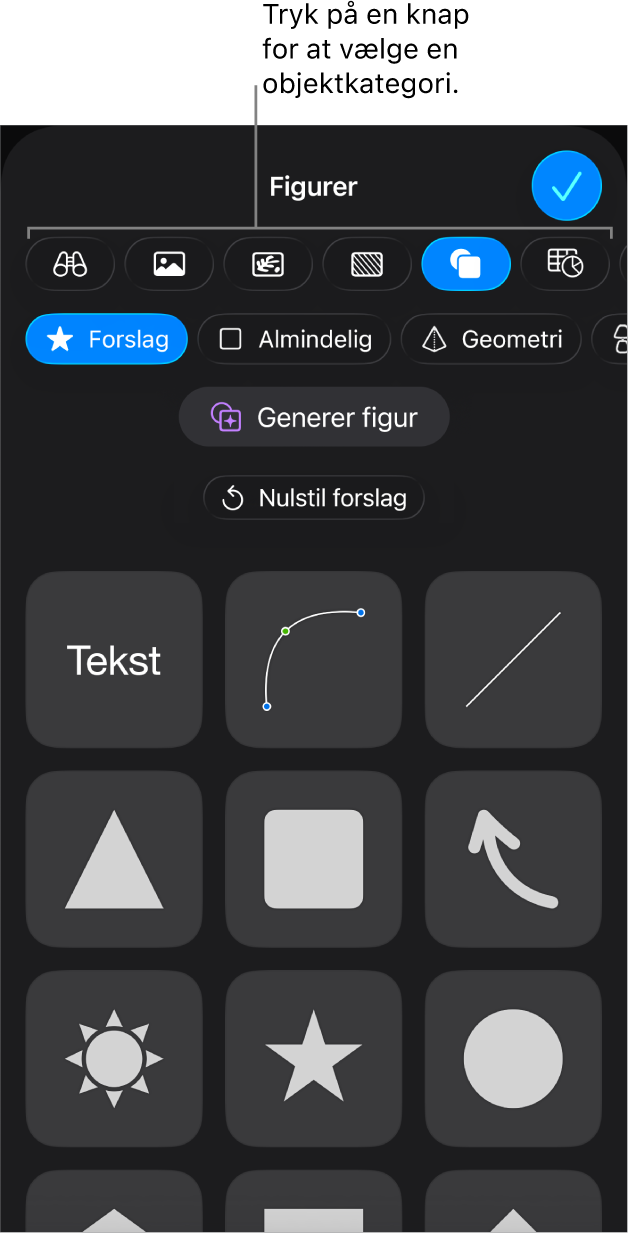 Betjeningsmulighederne til tilføjelse af et objekt med knapper øverst til valg af tabeller, diagrammer, figurer (herunder streger og tekstfelter) og medier.