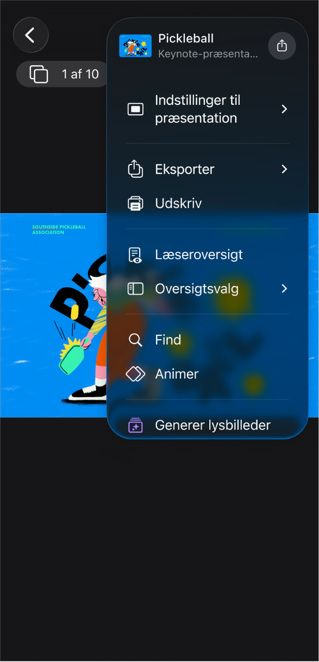 Appen Keynote med betjeningsmulighederne til Eksporter åbne på menuen Mere på værktøjslinjen.